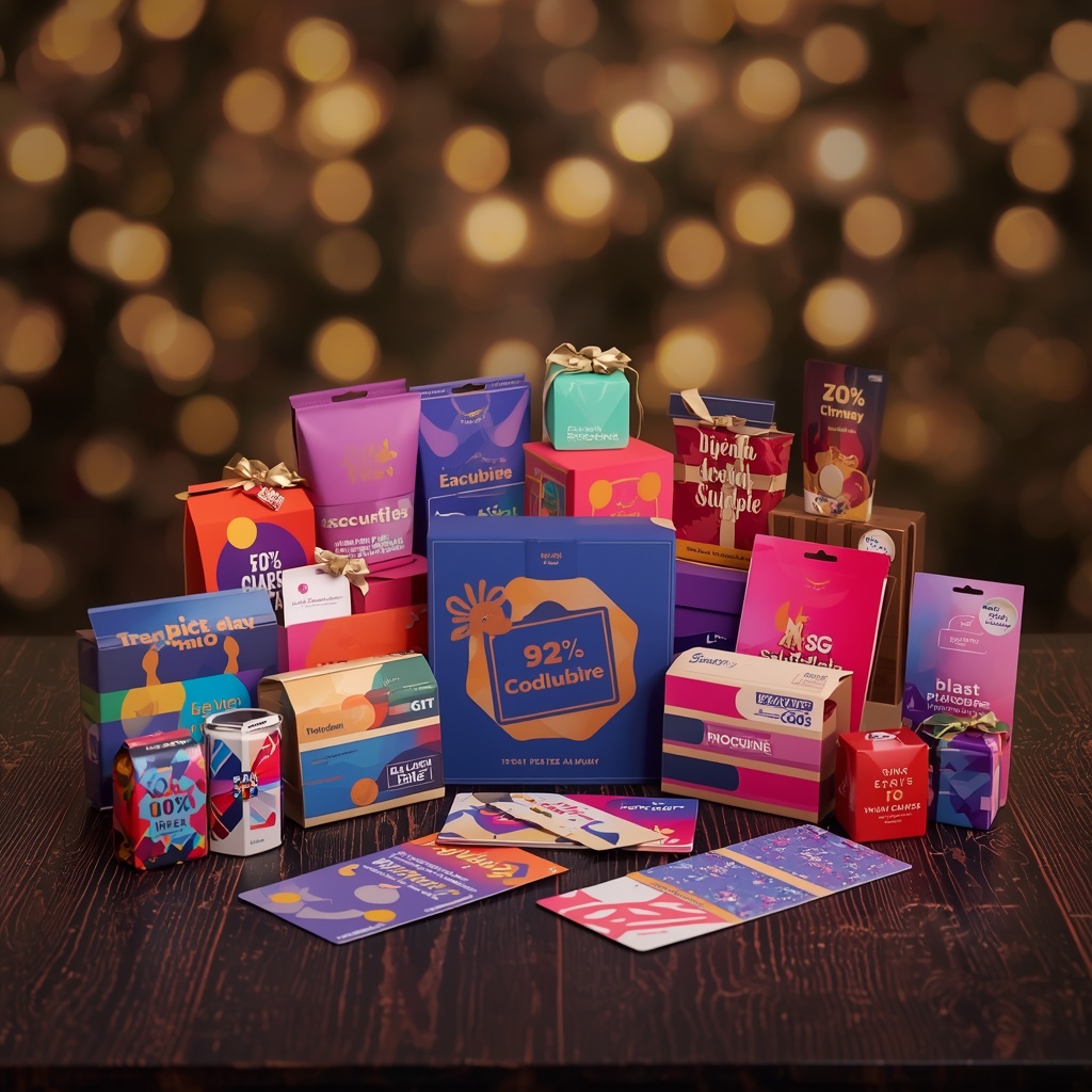 A vibrant display of exclusive discount cards and promotional gift boxes arranged on a dark wooden table with golden lighting and bokeh background